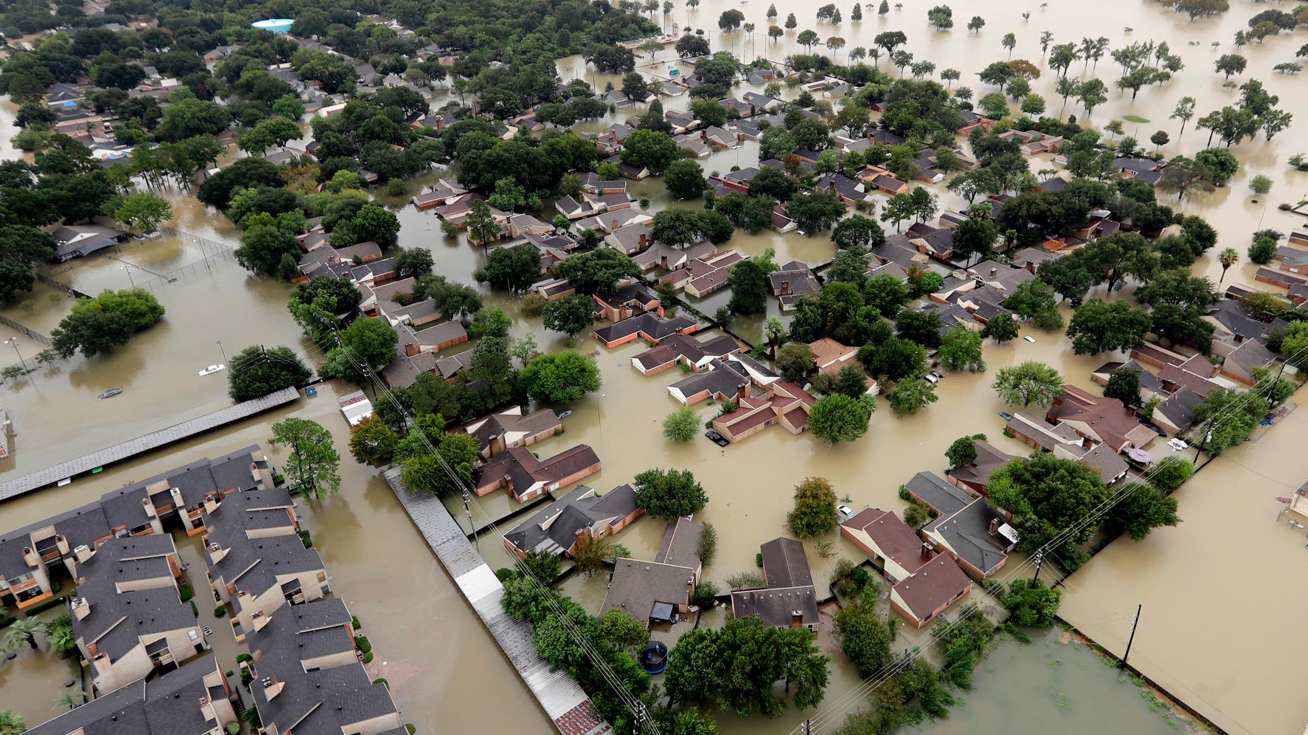 A neighborhood near Addicks Reservoir in Houston is flooded by rain from the remnants of Hurricane Harvey. Much of the area is a flood plain.