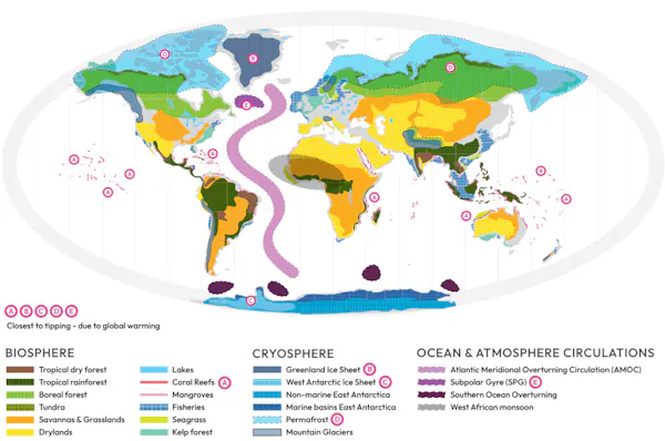 World map showing locations for potential tipping points.