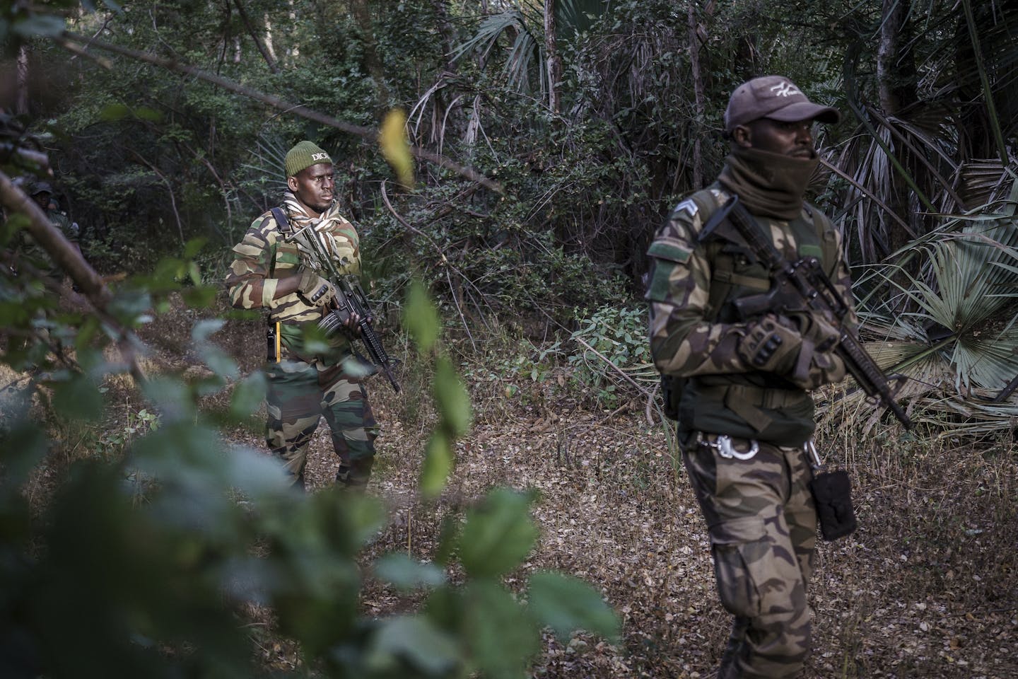 Armed people in camouflage clothing walk through a wooded area.