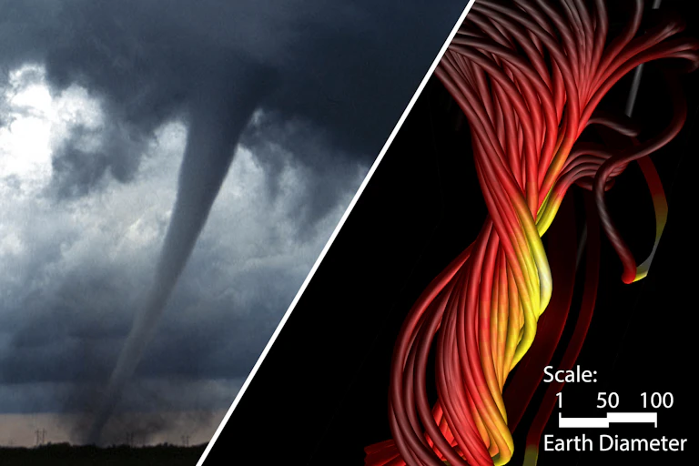 A diagram showing a photo of a tornado next to a simulated diagram of rope-like 'flux opes' which are twisted around each other.