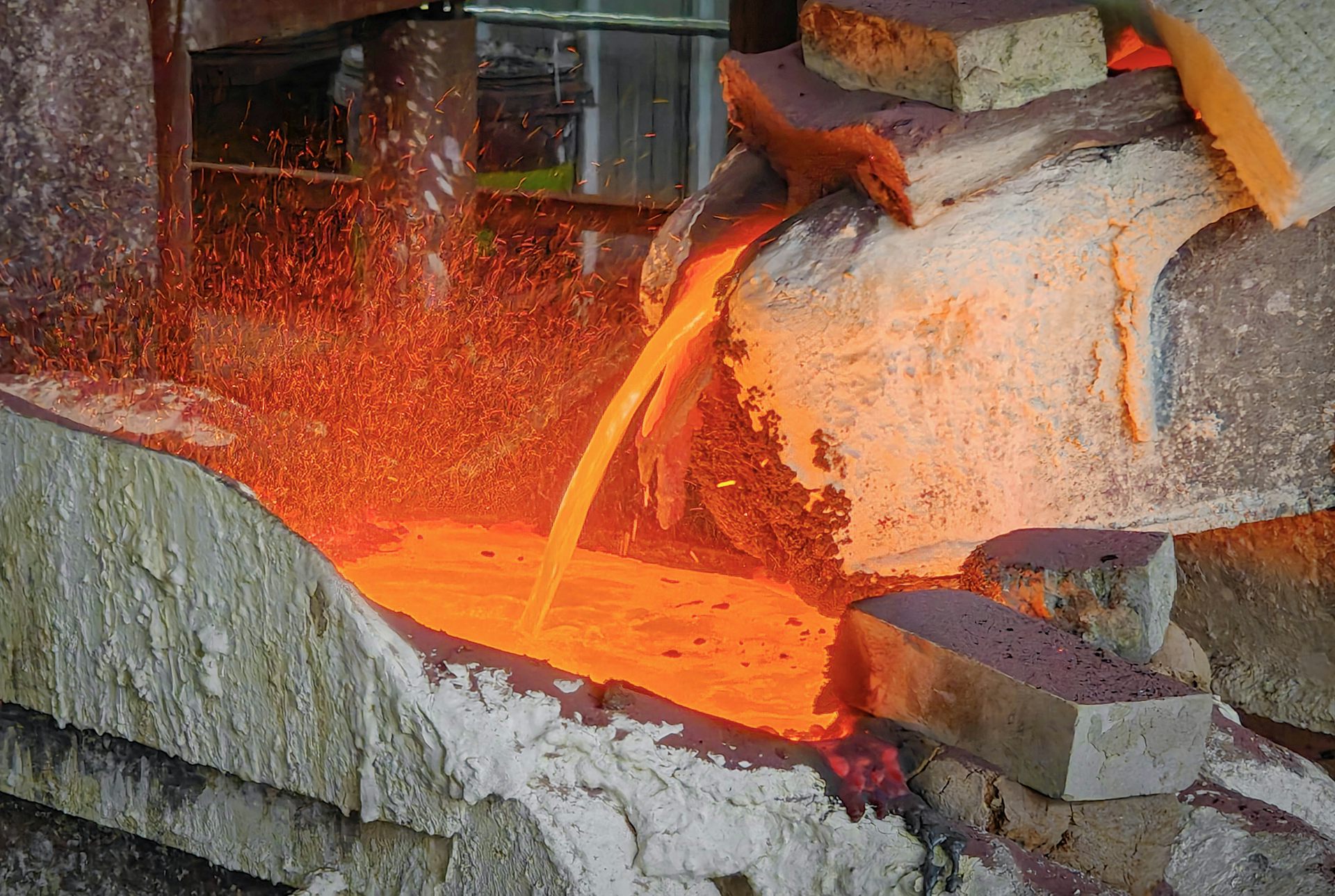 hot molten copper poured in a workshop