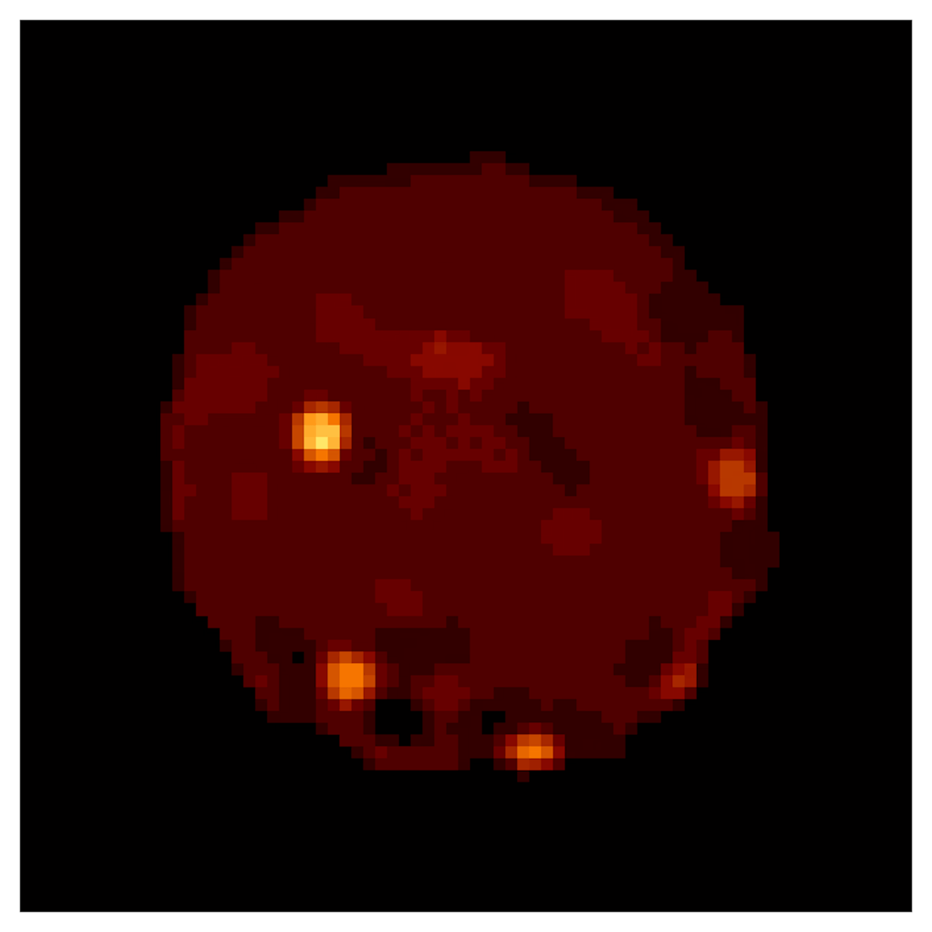 A red sphere with four brighter spots clearly visible.