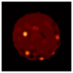 A red sphere with four brighter spots clearly visible.