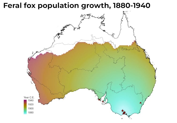 A map of Australia with a coloured section at the bottom that shows the spread of foxes over time.