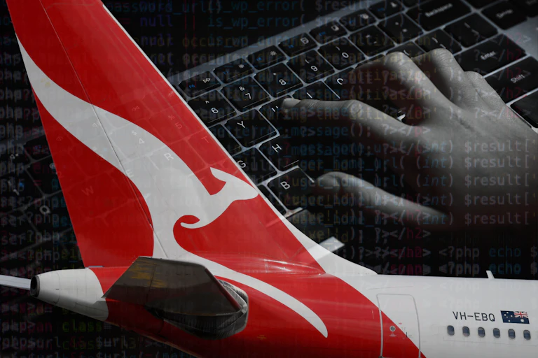 A composite photo of a Qantas plane overlaid over the image of someone typing on a keyboard.