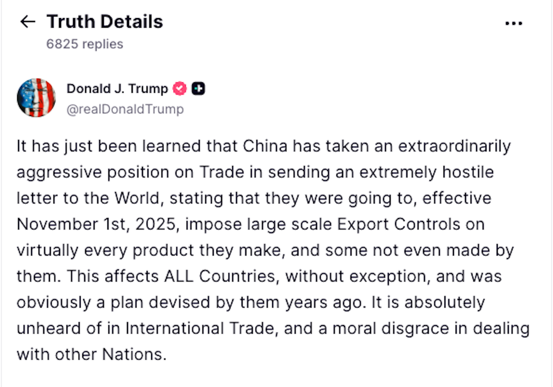 A part of US President Donald Trump's social media post announcing new tariffs on China.