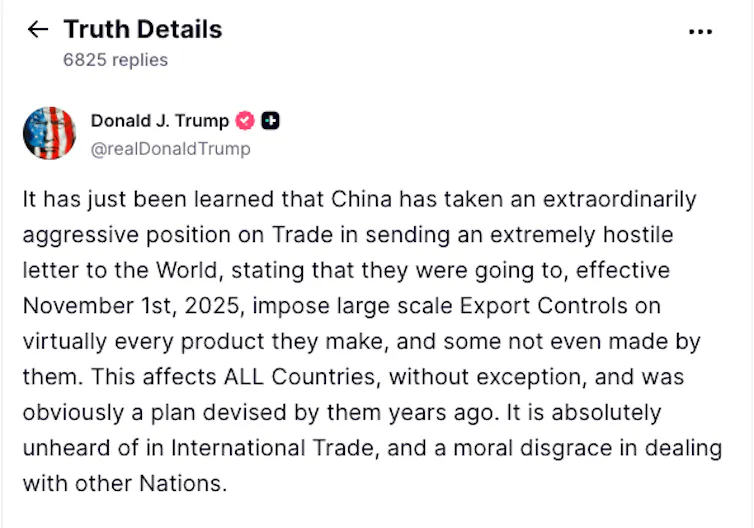 A part of US President Donald Trump's social media post announcing new tariffs on China.