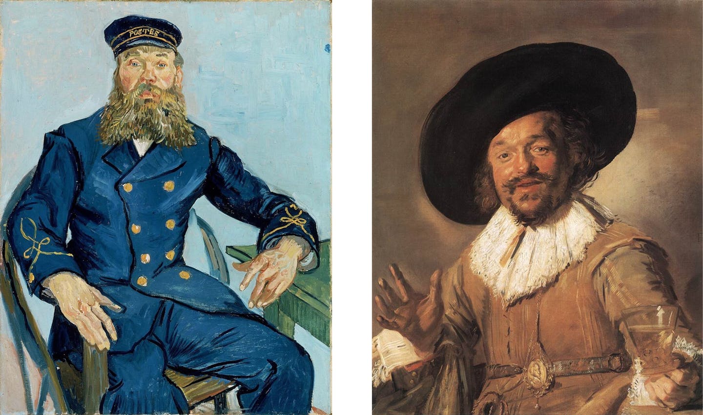 Two paintings of bearded men sat in chairs