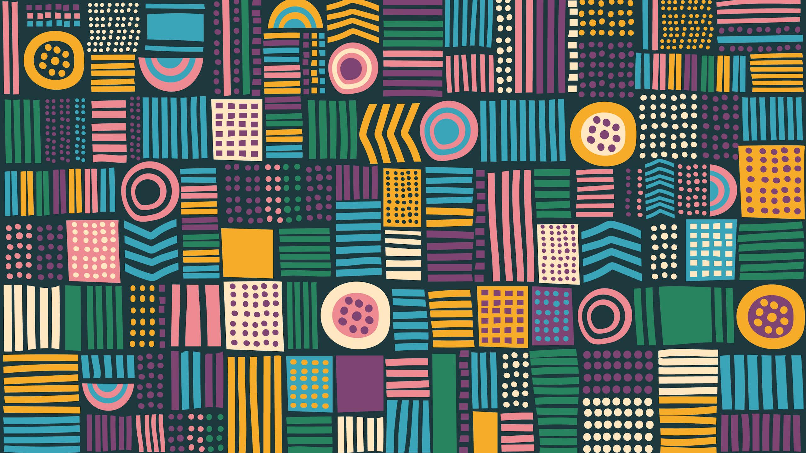 An abstract African pattern with columns, arrows, circles organised in rows.