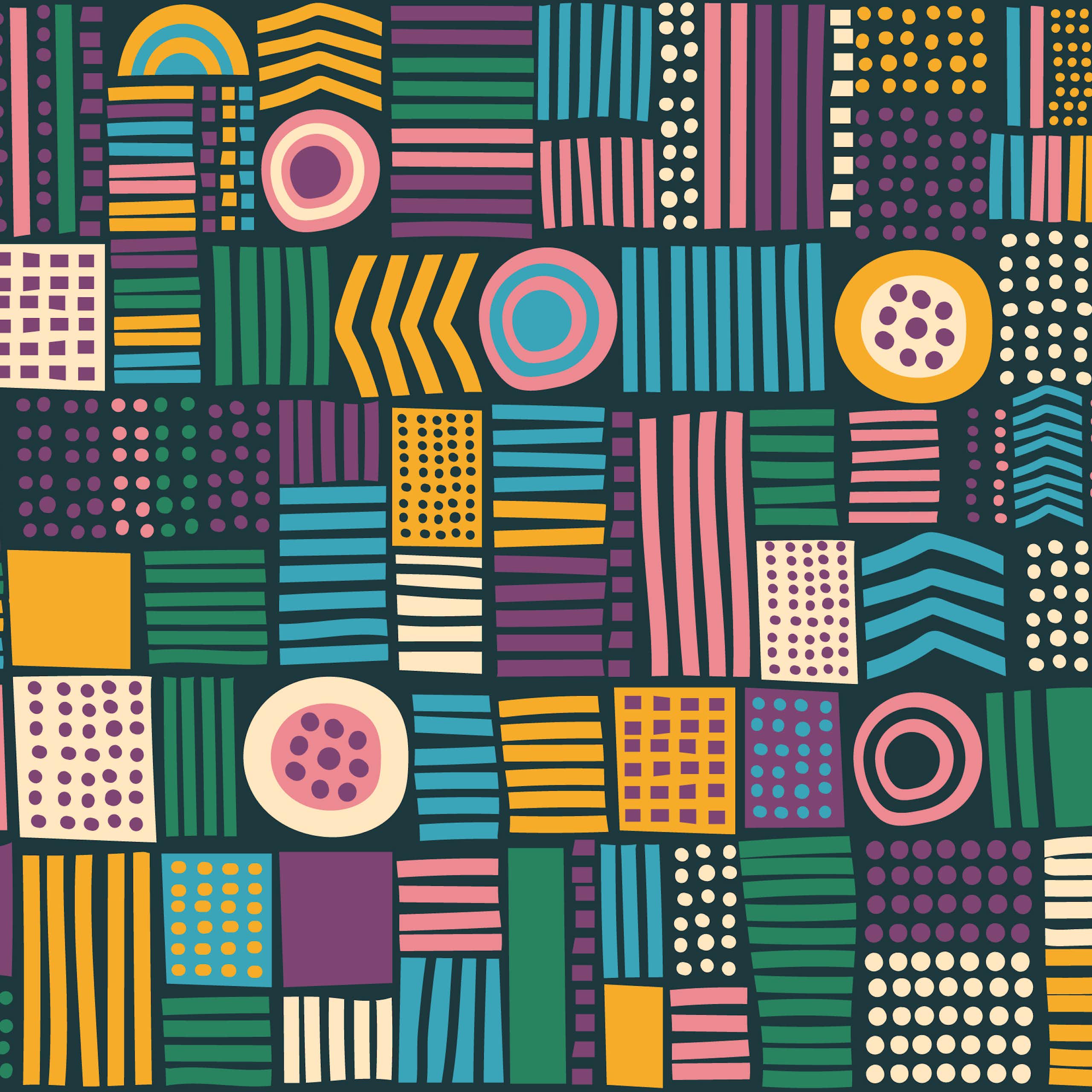 An abstract African pattern with columns, arrows, circles organised in rows.
