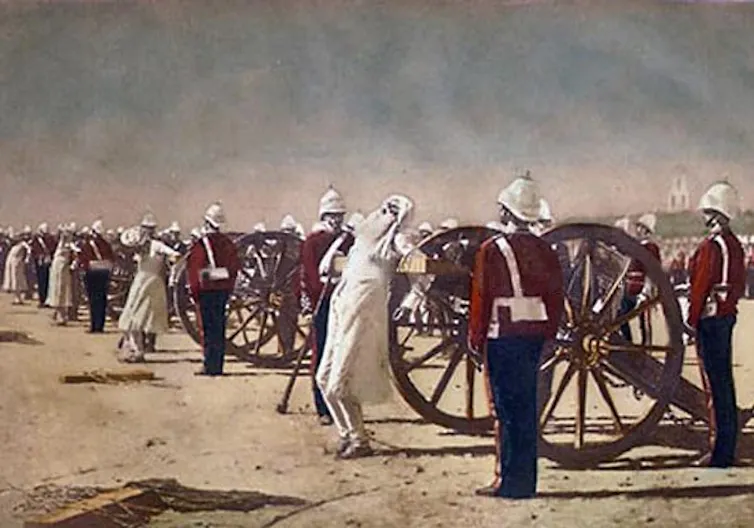 Painting showing Indian men and British troops