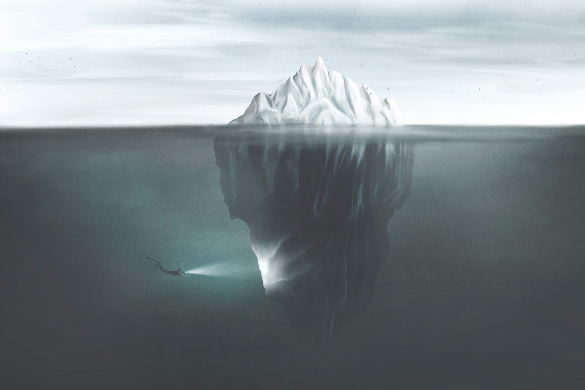 Illustration of scuba diver shining a torch on an iceberg.