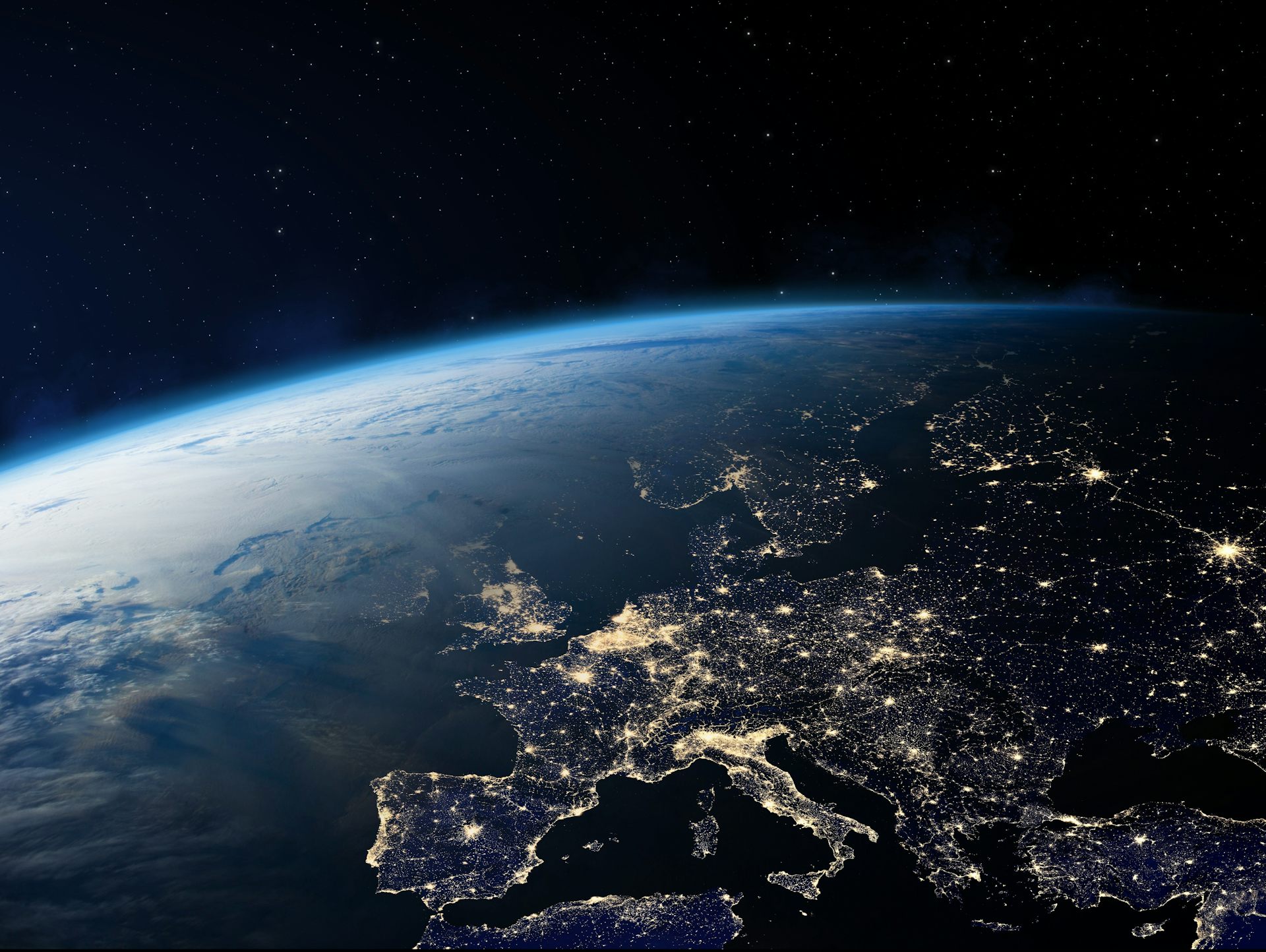 View of Europe from space at night, with lights across the continent