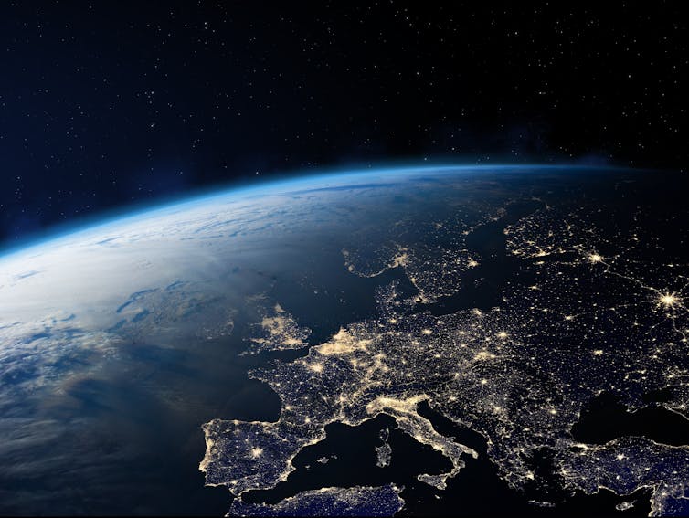 View of Europe from space at night, with lights across the continent