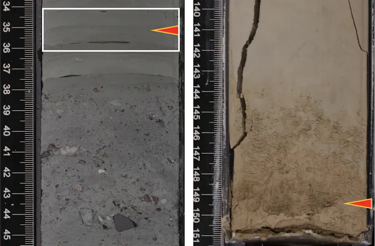 Two close-up images of drilling cores with various layers and textures, each with a small red arrow marking a specific point on the core.