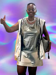Author in silver shiny clothing