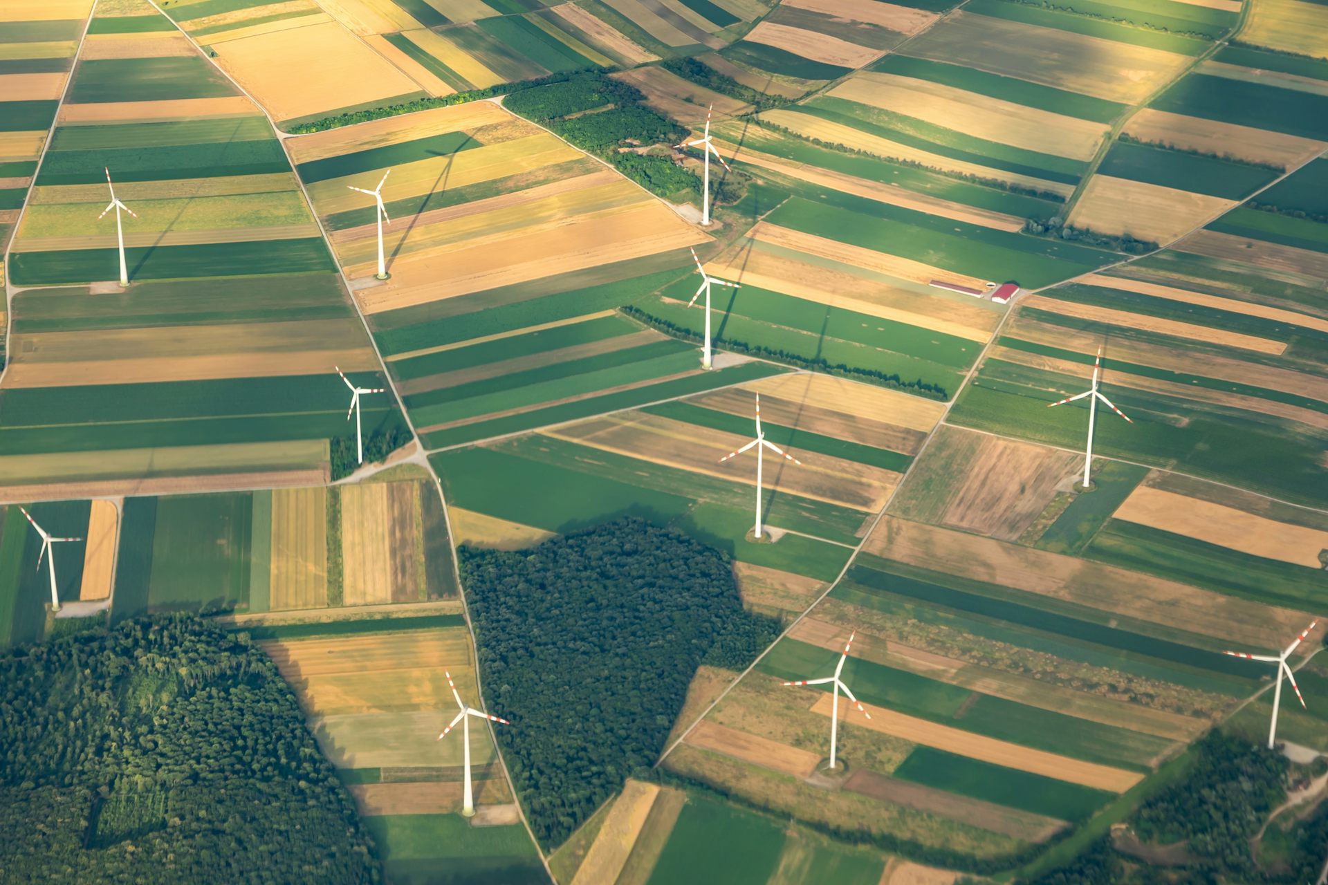 A view of a wind farm from above. 