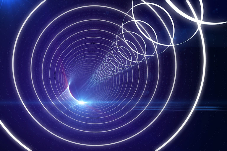 Illustration of glowing circles entering a tunnel of concentric circles