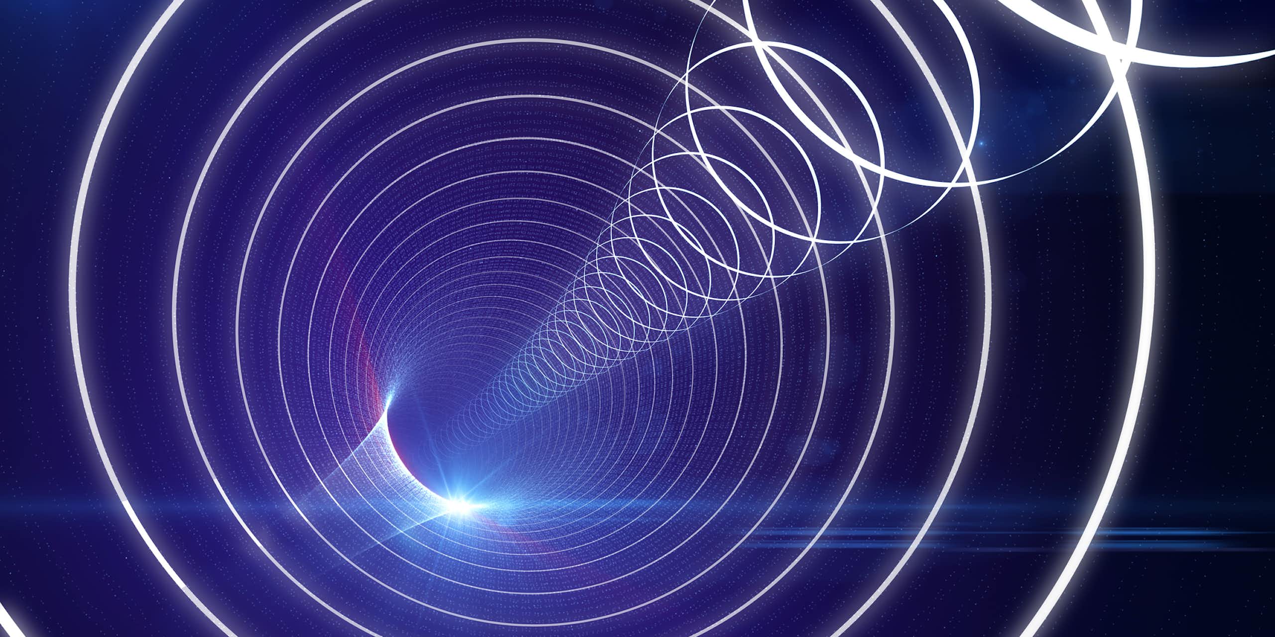 Illustration of glowing circles entering a tunnel of concentric circles