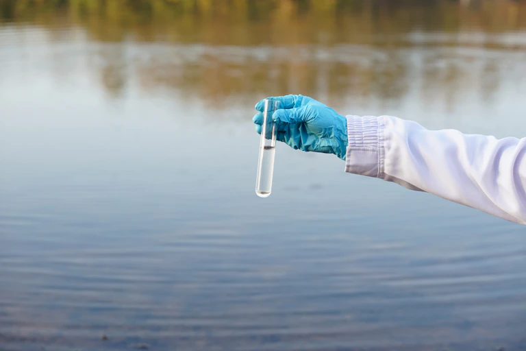 arm in white lab coat with blue glove holds test tube over river
