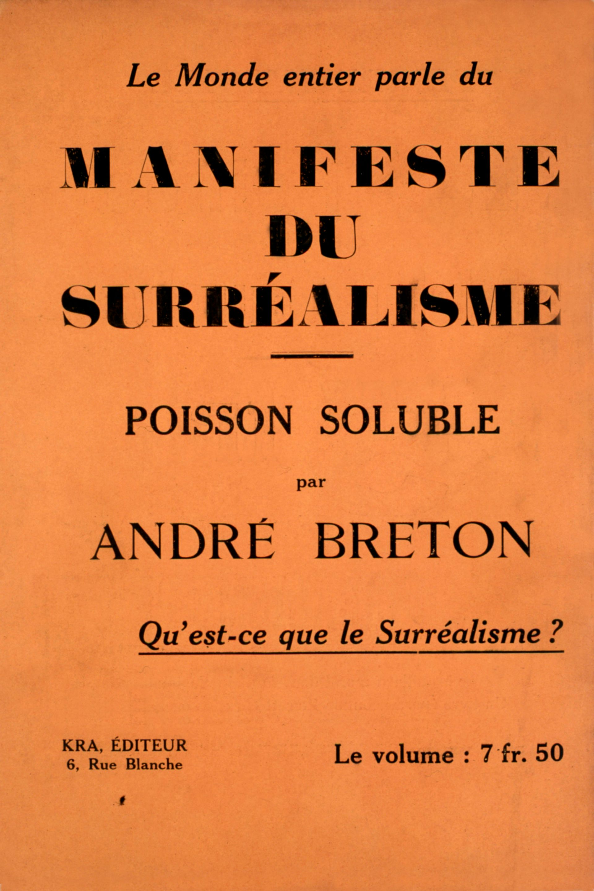 Orange paper with text printed in French and titled 'Manifeste du Surréalisme'