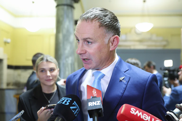 New Zealand's Minister of Climate Change Simon Watts at a media stand-up.