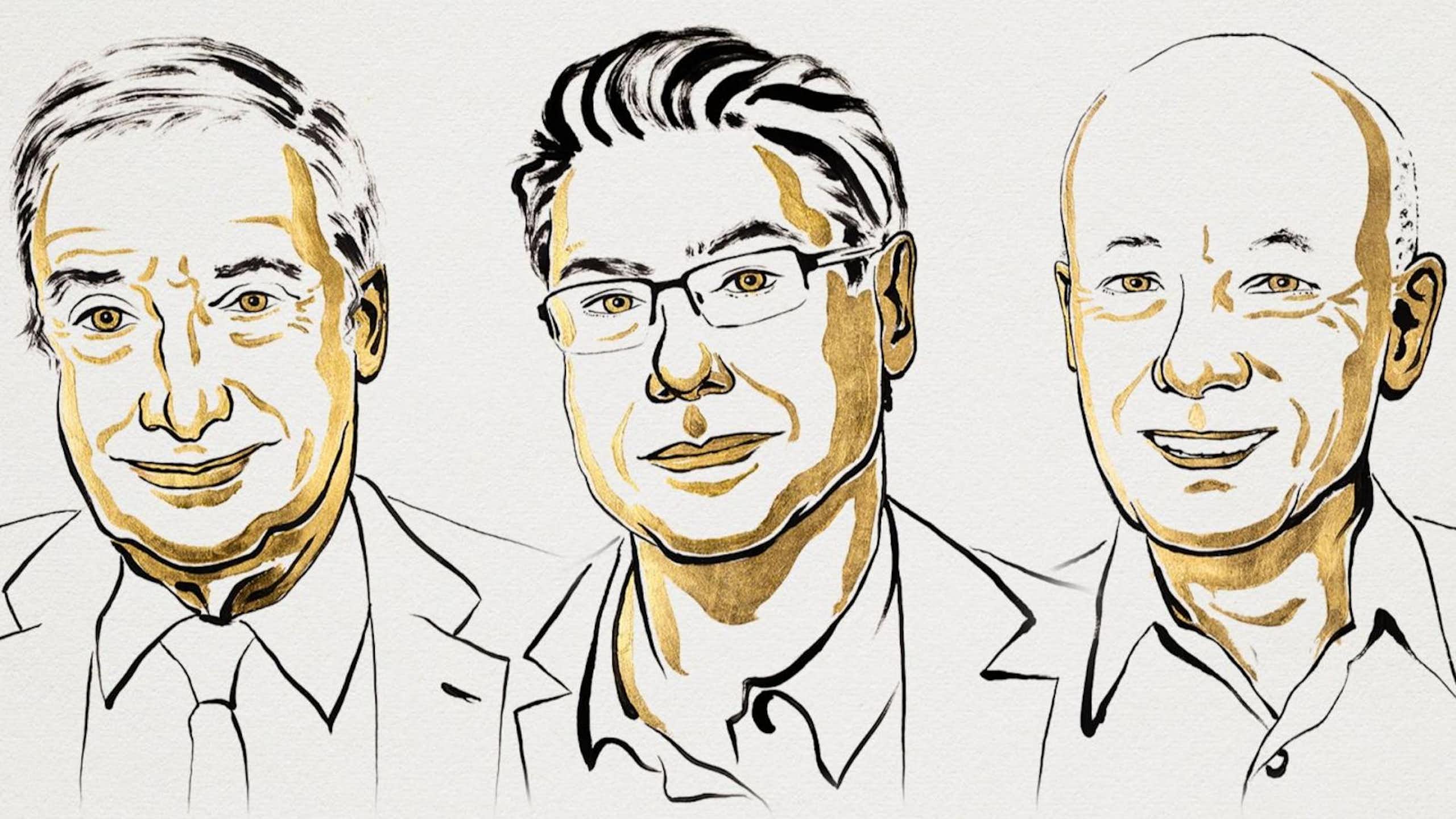 Três desenhos dos rostos dos premiados