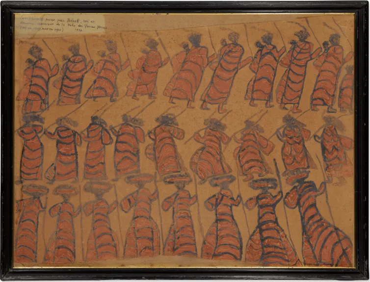 An Aboriginal drawing made with earthen tones depicts three rows of figures in possum skin cloaks.