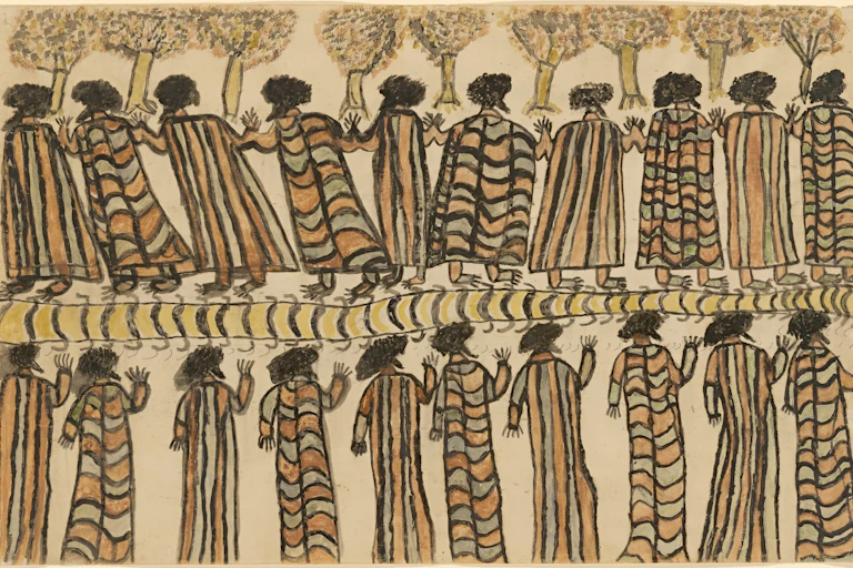 An Aboriginal drawing made with earthen tones depicts two rows of figures in possum skin cloaks.