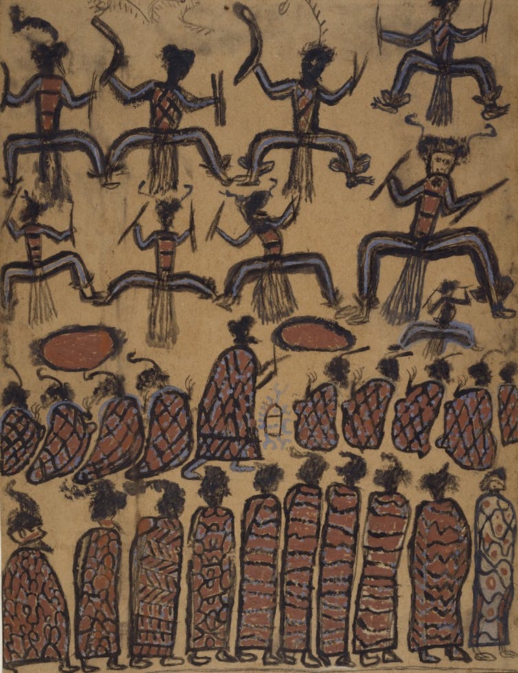 An Aboriginal drawing made with earthen tones depicts a number of figures in various poses, some with objects in their hand.