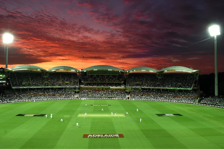 Australia and New Zealand do battle under lights during a Test match at the Adelaide Oval.