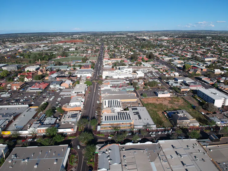 An aerial view of a town centre.