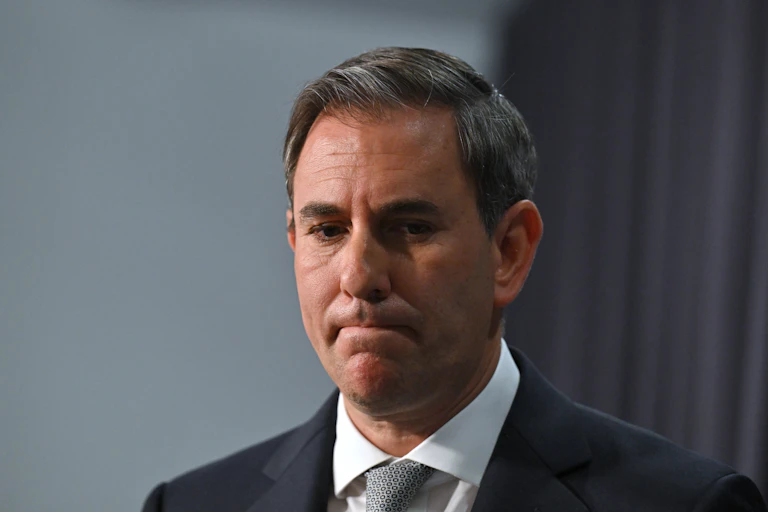 Treasurer Jim Chalmers leaves after a press conference at Parliament House in Canberra, Monday, October 13, 2025