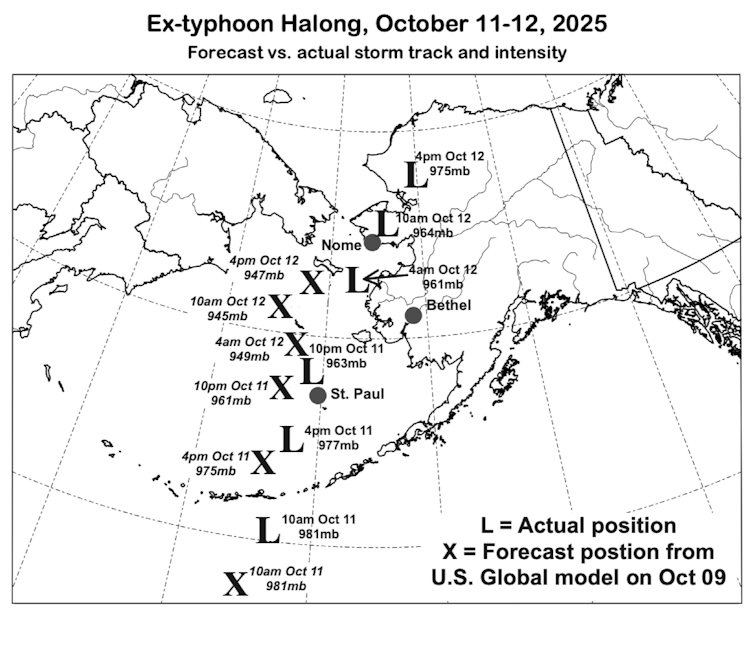 A weather map with the storm's locations over time, headed toward Nome but then turning.