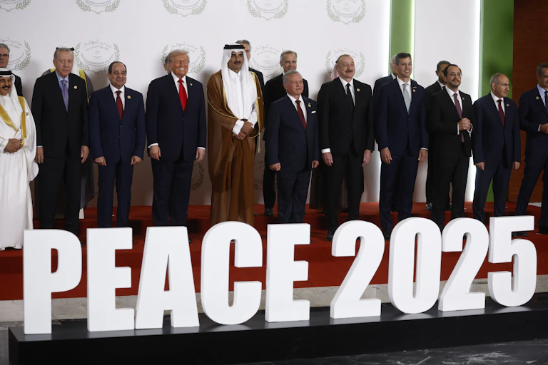 US president Donald Trump and assorted world leaders at the Middle East peace summit on October 13 2025.