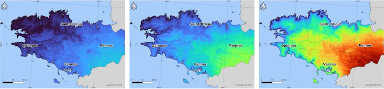 Cartographie du nombre de jours très chaud par an (température maximale supérieure à 30 °C) avec la situation actuelle observée et la situation future projetée dans le scénario pessimiste