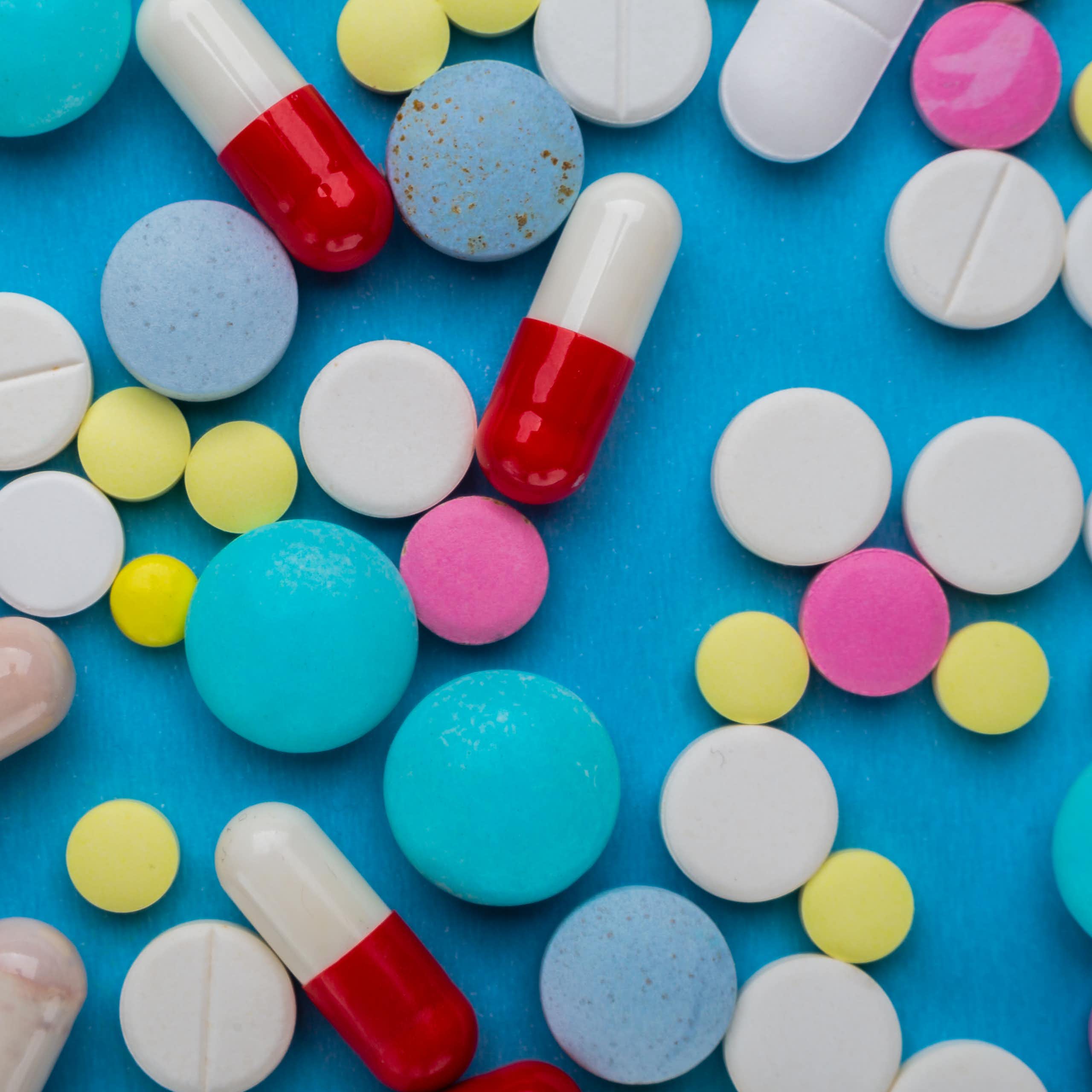 Lots of brightly coloured pills.