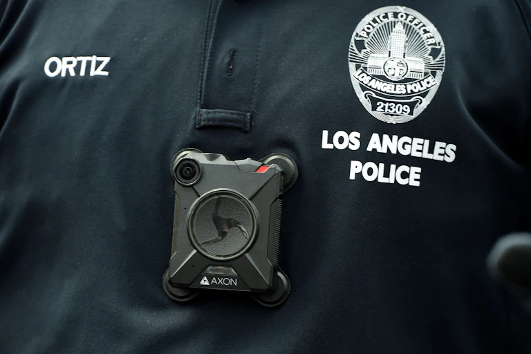 closeup of a person's chest wearing a dark blue uniform with an embossed badge and wearing a rectangular device