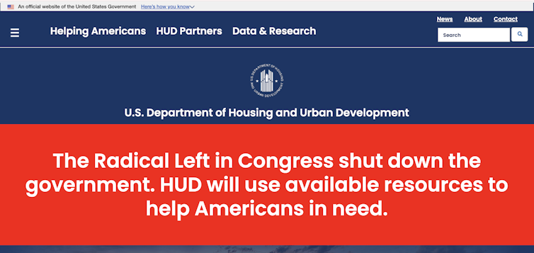 'The radical left in Congress shut down the government' reads a banner across the US Department of Housing and Urban Development homepage, Oct. 14, 2025.