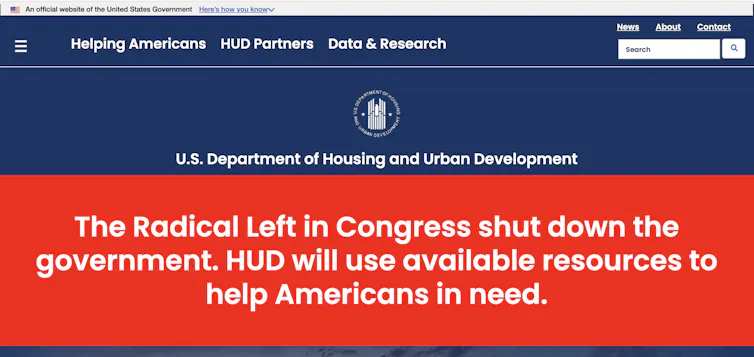'The radical left in Congress shut down the government' reads a banner across the US Department of Housing and Urban Development homepage, Oct. 14, 2025.