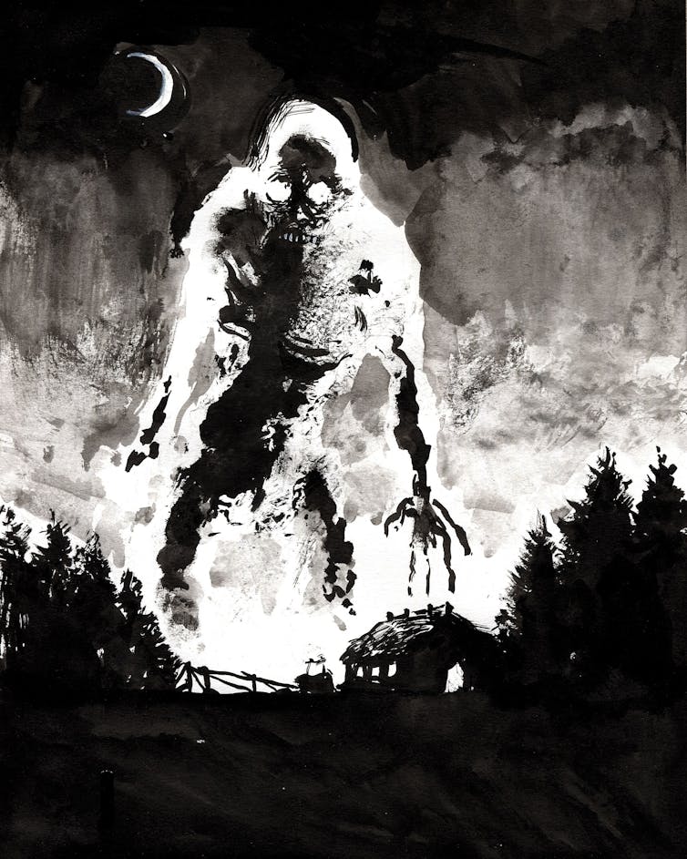 A black and white drawing of a giant monster hovering over a house at night