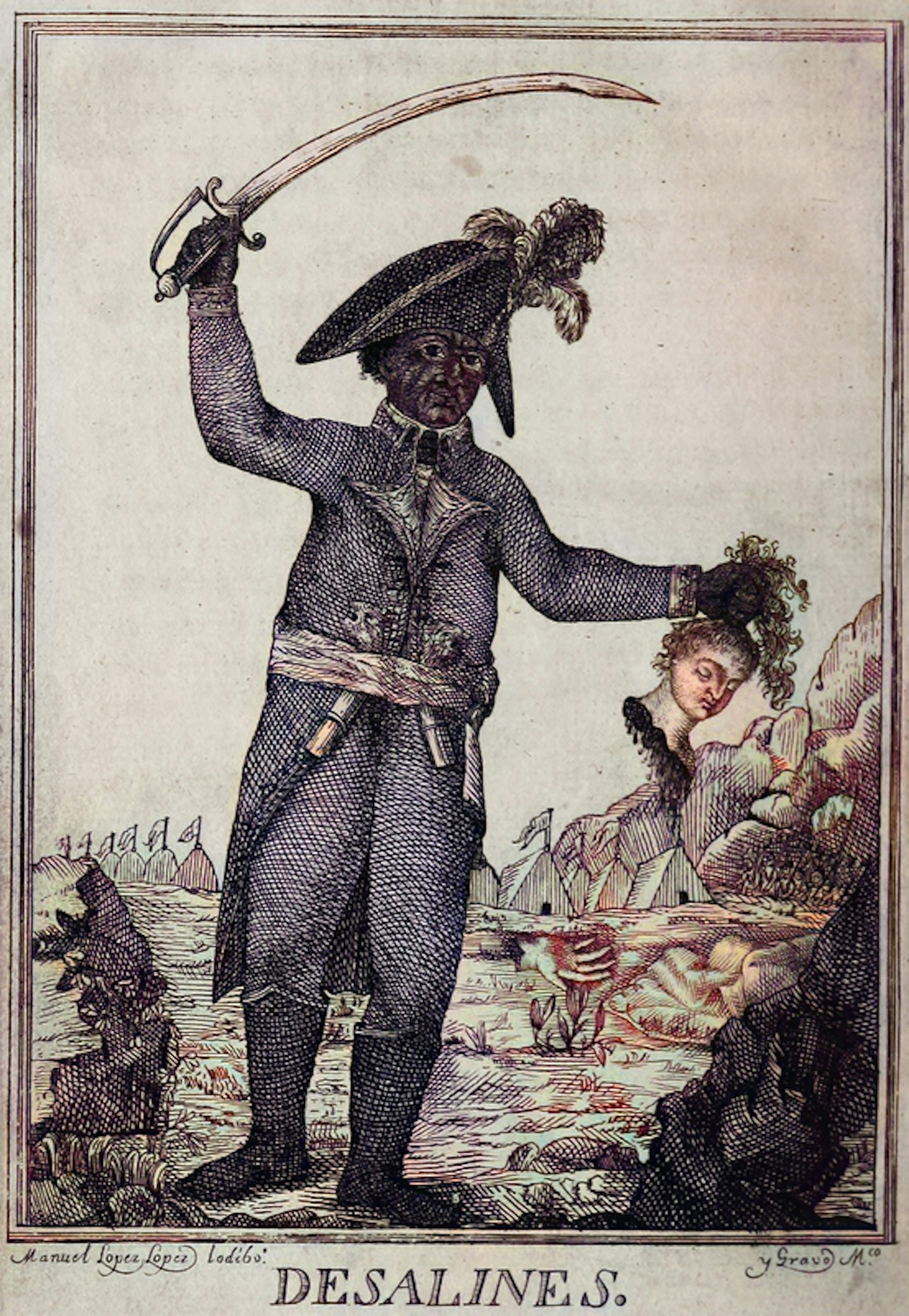 An engraving shows a crude depiction of a man holding a sword holding a severed head.