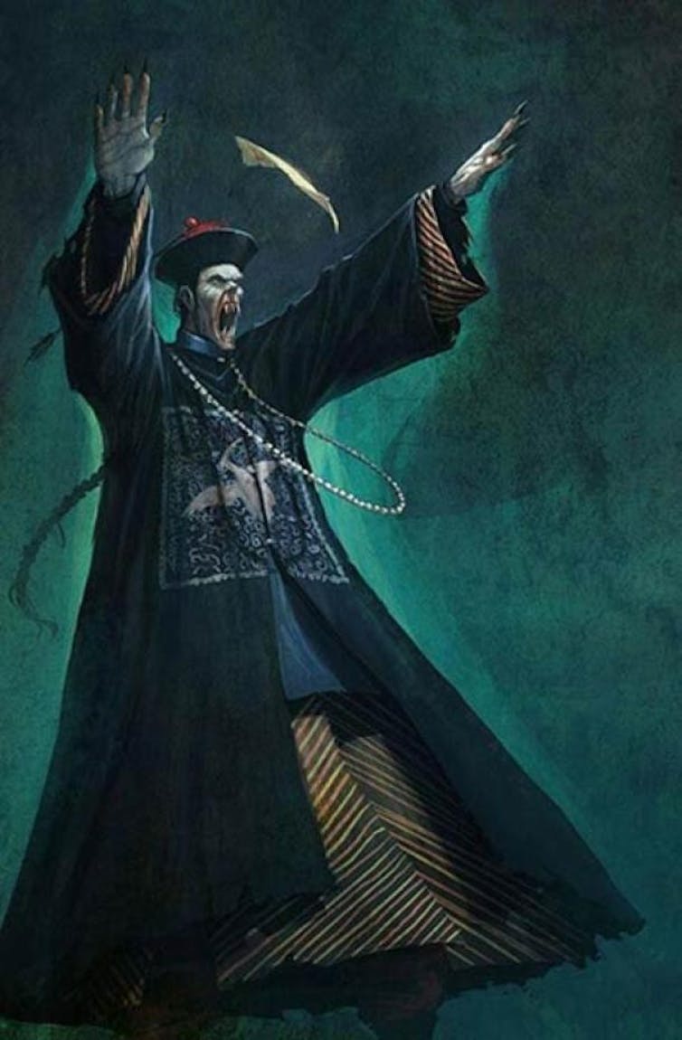A white-faced big-toothed monster wearing a long black robe and holding up its hands