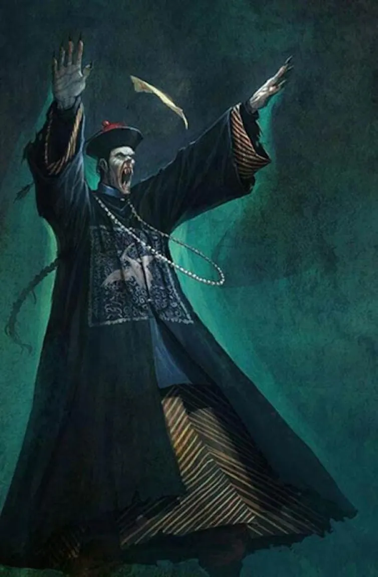 A white-faced big-toothed monster wearing a long black robe and holding up its hands