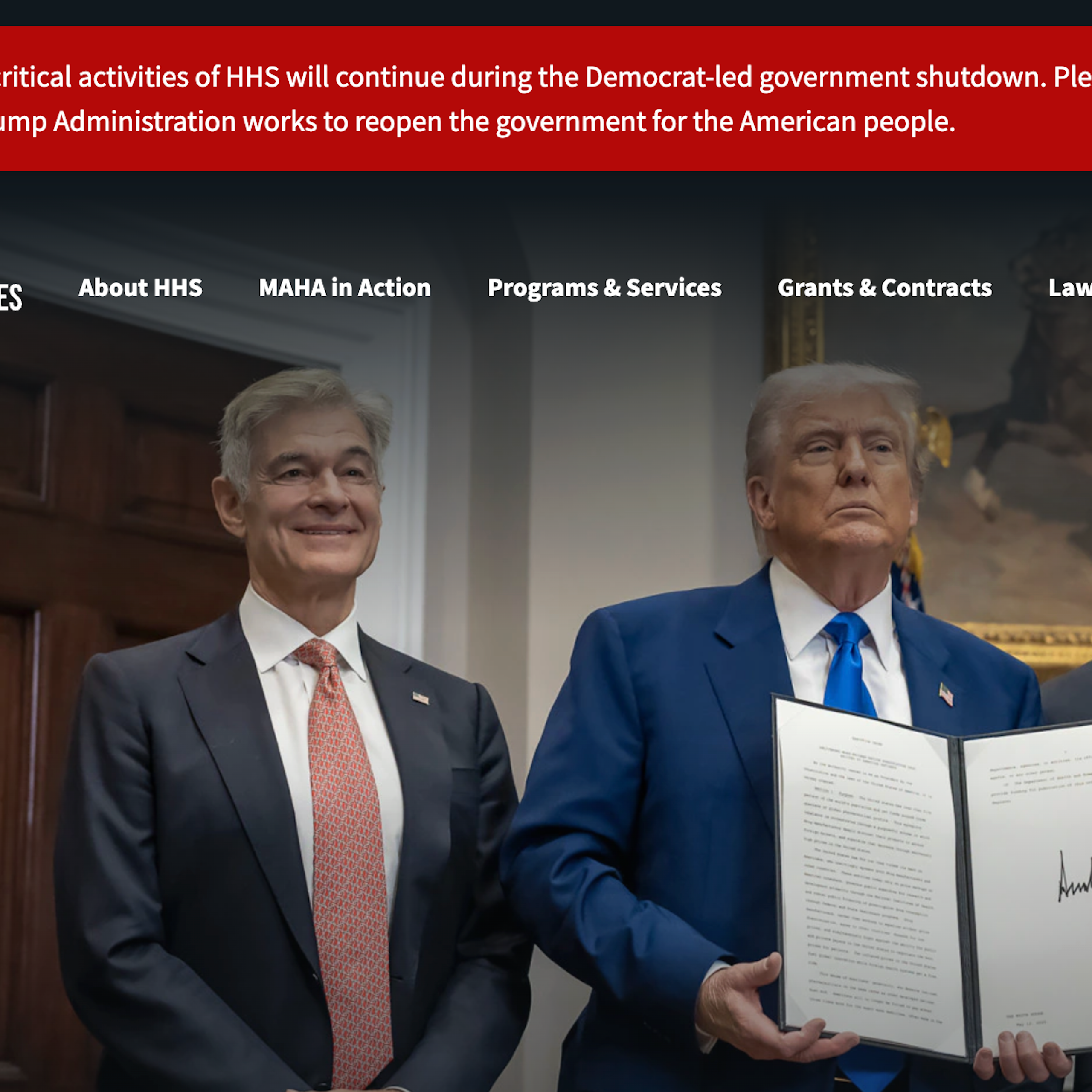A red banner across a government website, with a message that claims the 'Mission-critical activities of HHS will continue during the Democrat-led government shutdown.'
