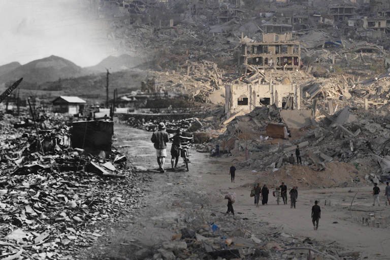 The ruins of Nagasaki after the dropping of the atomic bomb and Gaza City after Israeli bombing.