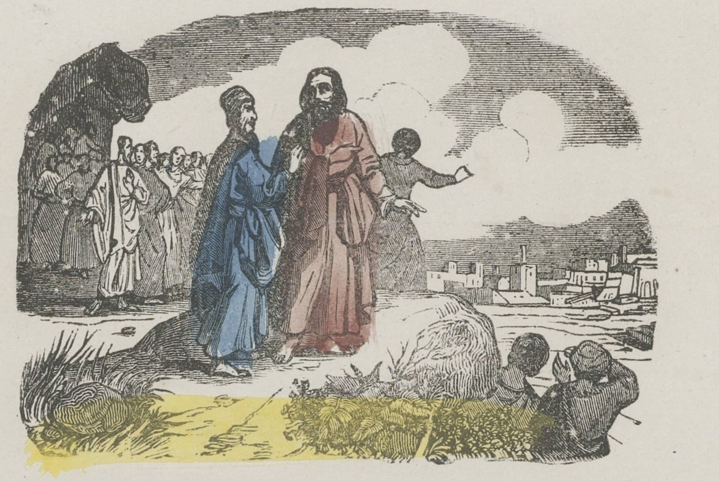 Two men stand on a hill.