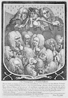A cartoon of undertakers in wigs.