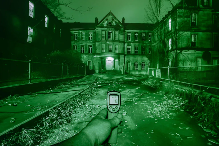 Night vision photo of a spooky building with hand holding infrared thermometer at night.