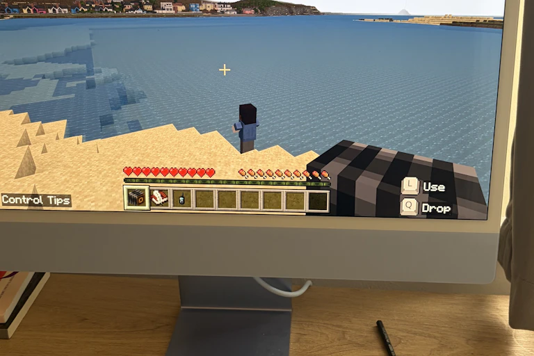 A view of the author trying out a Minecraft game.